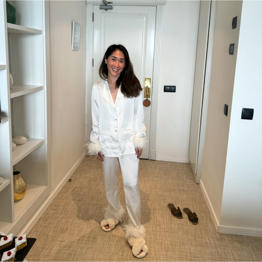 NADINE MERABI White Feather Trim Pajama Set